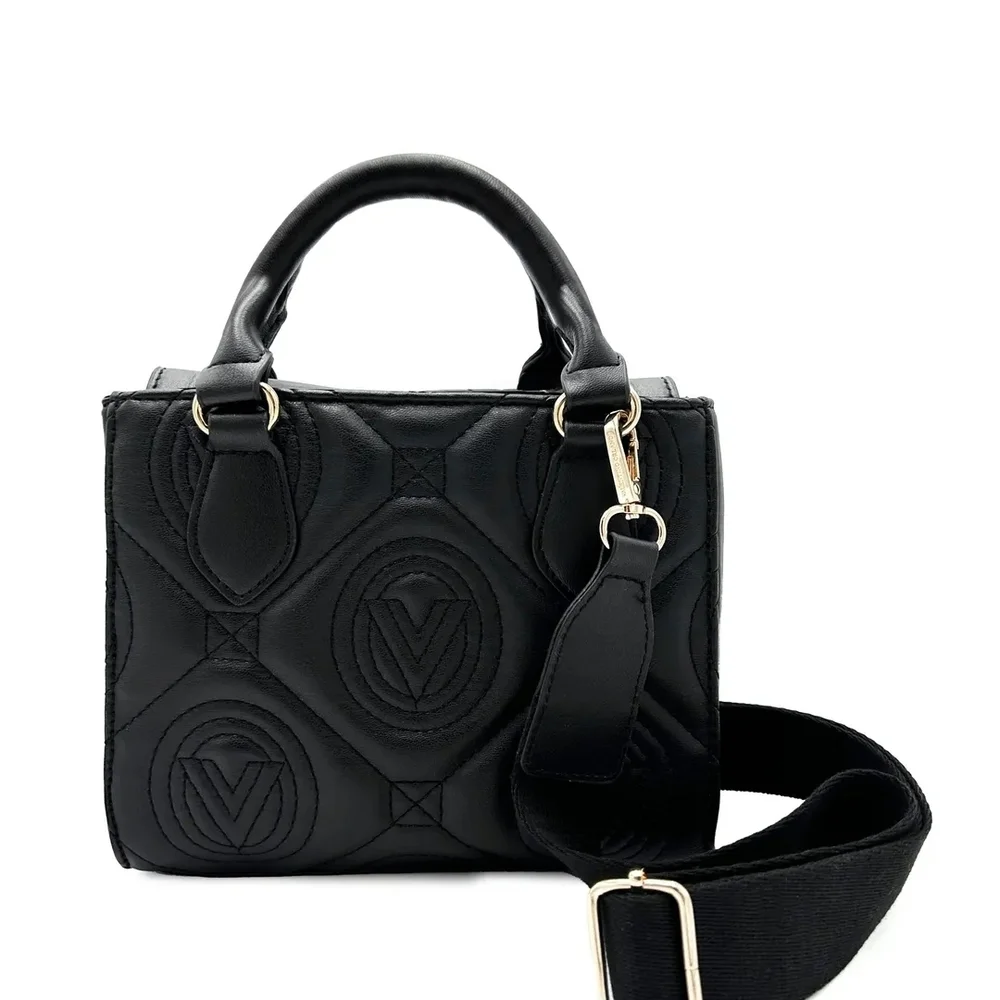 Valentino Orlandi Black Quilted Satchel with Gold Logo Charm and Strap